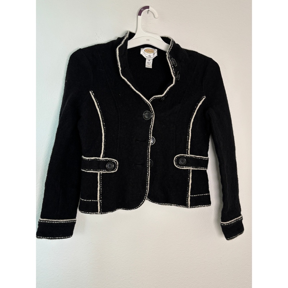Talbots Black 100% Merino Boiled Wool Contrast Stitch Jacket Womens Medium